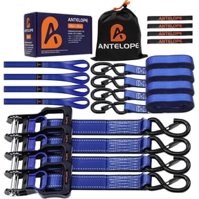 A ANTELOPE 4-Pack 15' Ratchet Tie-Down Straps, 2100LBS Break Strength, Rubber Handles & Coated Safety Lock S-Hooks, Includes 2 Bungee Cords for Truck, Motorcycle Cargo Securing, Blue