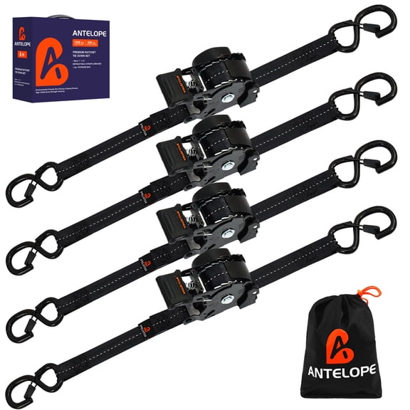 Retractable Ratchet Straps ANTELOPE, 1500lb Break Strength, 1" x 12' Auto Retractable Heavy Duty Ratchet, Safety Lock S Hooks(Black 4 Pack)