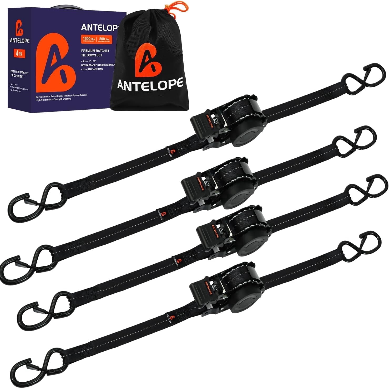 A ANTELOPE 4-Pack Heavy Duty Auto Retractable Ratchet Tie-Down Straps, 1" x 12' 1500LBS Breaking Strength, Weather Resistant S-Hooks for Cargo Securing, Black