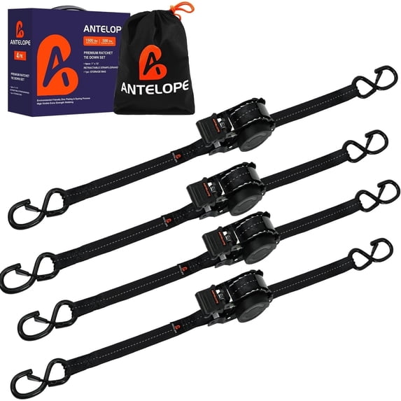 A ANTELOPE 4-Pack Heavy Duty Auto Retractable Ratchet Tie-Down Straps, 1" x 12' 1500LBS Breaking Strength, Weather Resistant S-Hooks for Cargo Securing, Black