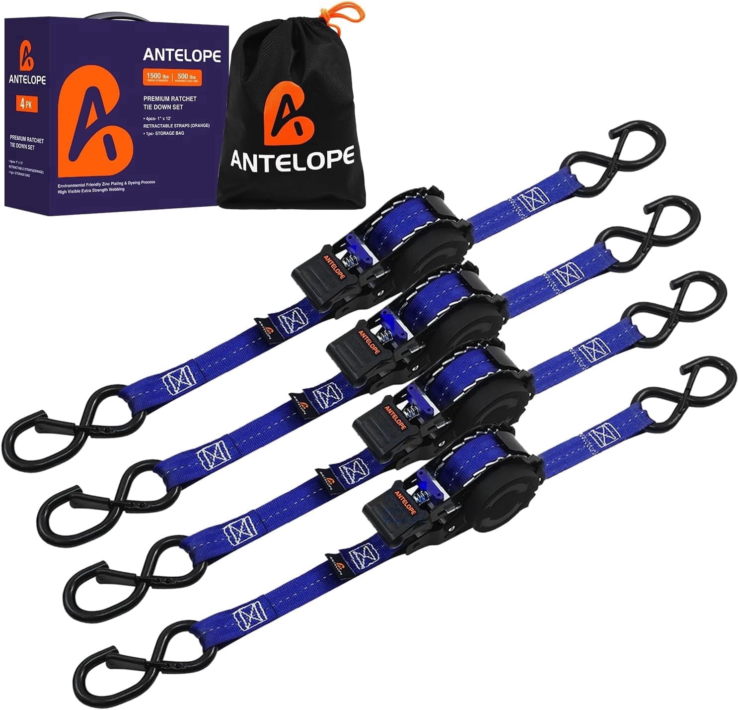 A ANTELOPE 4-Pack Heavy Duty Auto Retractable Ratchet Tie-Down Straps, 1" x 12' 1500LBS Breaking Strength, Weather Resistant S-Hooks for Cargo Securing, Blue