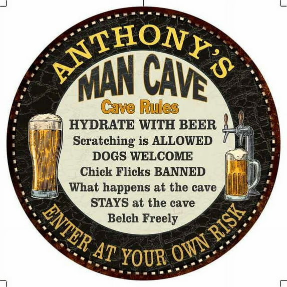ANTHONY'S Man Cave Rules 12" Round Metal Sign Garage Wall Decor 200120010370