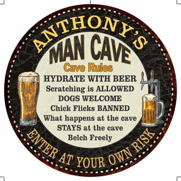 ANTHONY'S Man Cave Rules Round Metal Sign Garage Wall Decor Size: 8 x 8 inch