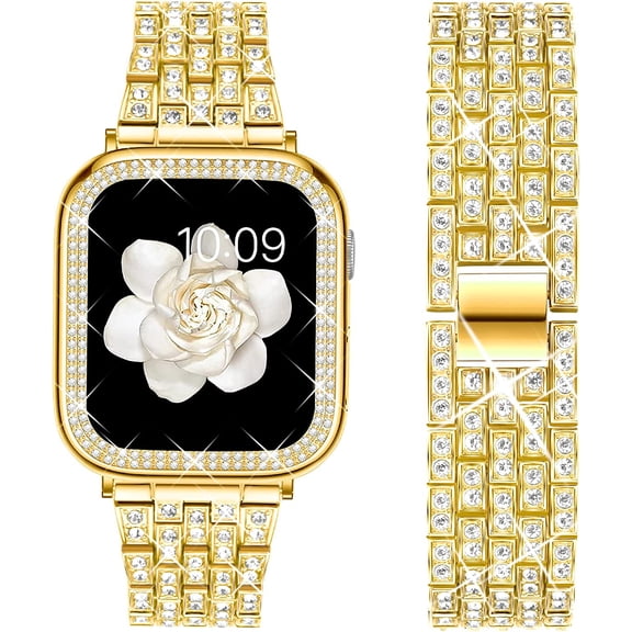 ANTHOUSE Compatible Apple Watch Band 38mm 40mm 41mm 42mm 44mm 45mm Series 8 7 6/SE 5 4 3 2 1, Diamond Case + Women Jewelry Bling Rhinestone Stainless Metal Strap Band for iWatch