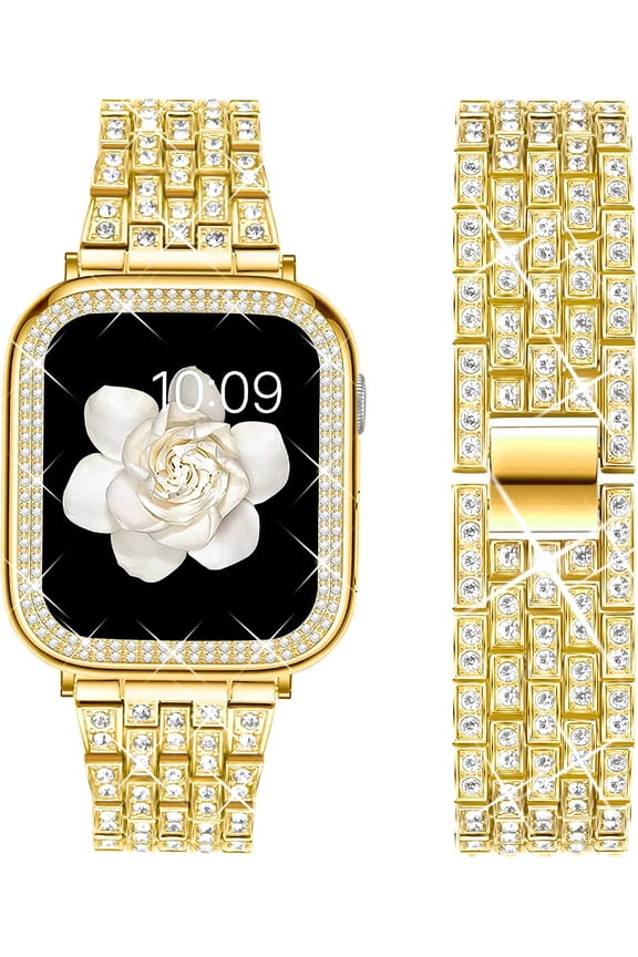 ANTHOUSE Compatible Apple Watch Band 38mm 40mm 41mm 42mm 44mm 45mm Series 8 7 6/SE 5 4 3 2 1, Diamond Case + Women Jewelry Bling Rhinestone Stainless Metal Strap Band for iWatch