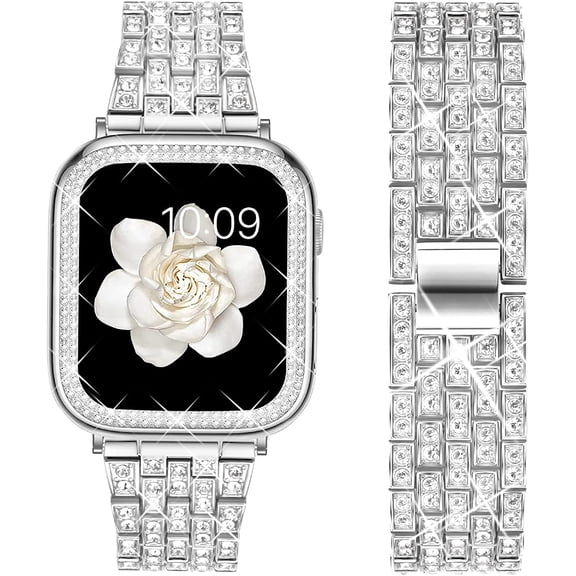 ANTHOUSE Compatible Apple Watch Band 38mm 40mm 41mm 42mm 44mm 45mm Series 8 7 6/SE 5 4 3 2 1, Diamond Case + Women Jewelry Bling Rhinestone Stainless Metal Strap Band for iWatch