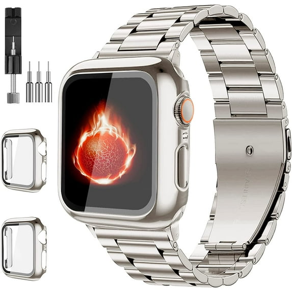 ANTHOUSE Compatible with Apple Watch Band 49mm 44mm 45mm 42mm 40mm 38mm 41mm, Stainless Steel Metal XL large iWatch Bands with 2 Pack Tempered Glass Screen Case for Series Ultra 8/7/6/5/4/3/2/1/SE