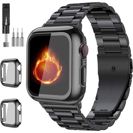 ANTHOUSE Compatible with Apple Watch Band 49mm 44mm 45mm 42mm 40mm 38mm 41mm, Stainless Steel Metal XL large iWatch Bands with 2 Pack Tempered Glass Screen Case for Series Ultra 8/7/6/5/4/3/2/1/SE