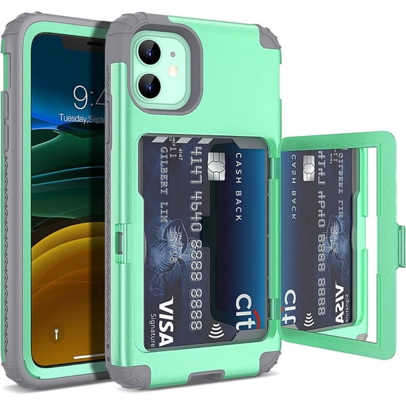 ANTHOUSE For iPhone 11- 16 Wallet Case for Women, Men Defender Credit Card Holder Cover with Hidden Mirror Three Layer Shockproof Heavy Duty Protection All-Round Armor Protective Case for iPhone