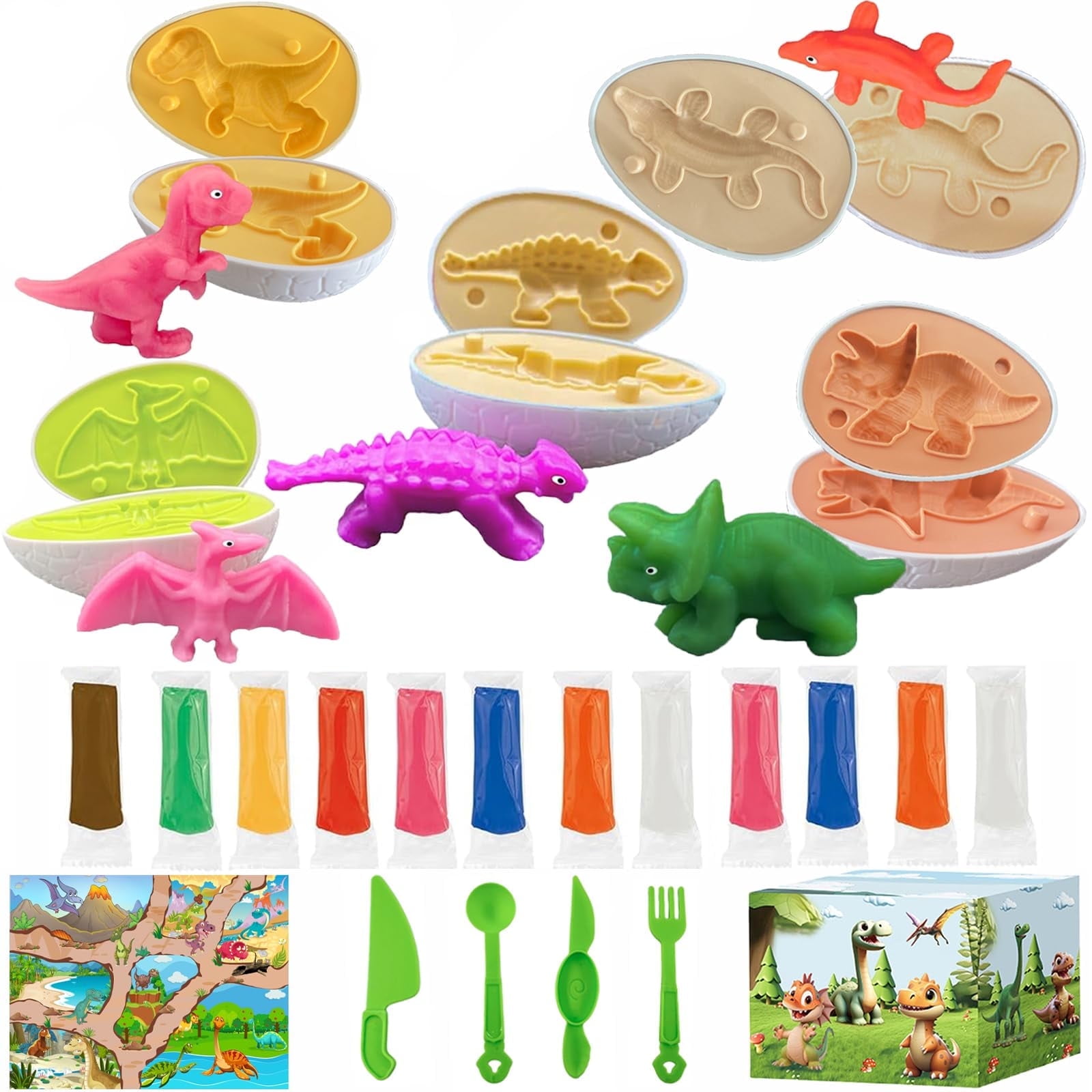 Playdough Dinosaur Eggs Sets, Easter Basket Stuffers for Toddler, Playdough Sets for Kids Ages 4-8, Easter Dino playdough Dinosaur Play Dough Eggs Molds Toys Gifts
