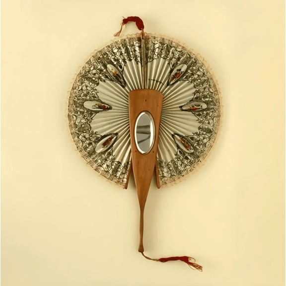 ANTIQUE MIRRORED MECHANICAL FAN Hidden Inlaid Mirror Flip Design With Secret Compartment Revealing Delicate Printed Wax Paper Art
