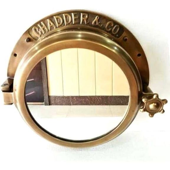 ANTIQUECOLLECTION Antique Brown Heavy Canal Boat Porthole Window Ship Round Mirror Wall 40.64 cm