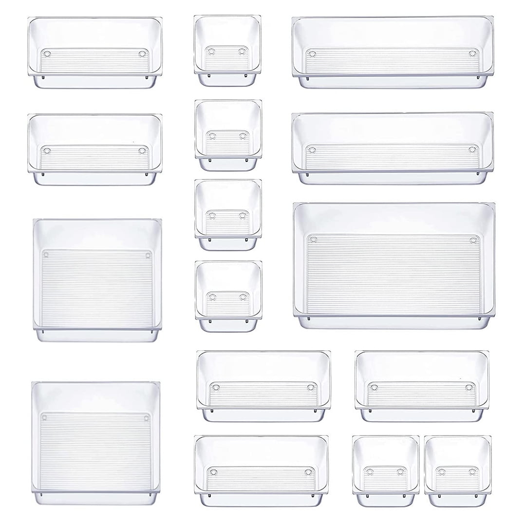 ANTJUMPER 16 PCS Clear Plastic Drawer Organizers Set, 5Size Versatile