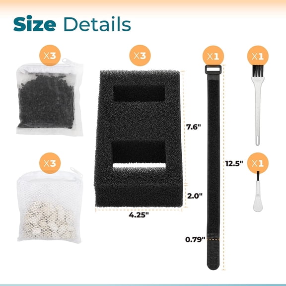 ANTOBLE Aquarium Filter Media, 3 Set Foam Filter Block A1376 Carbon Refills Ceramic Rings Compatible with Flex EVO SPEC Betta Desktop Aquarium Series (Includes 2 Brushes)
