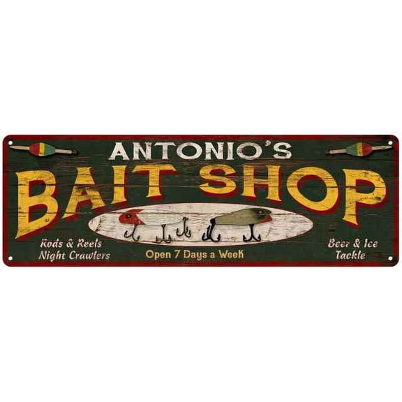 ANTONIO'S Bait Shop Sign Wood Look Man Cave Den Gift 6x18 Metal 106180024103