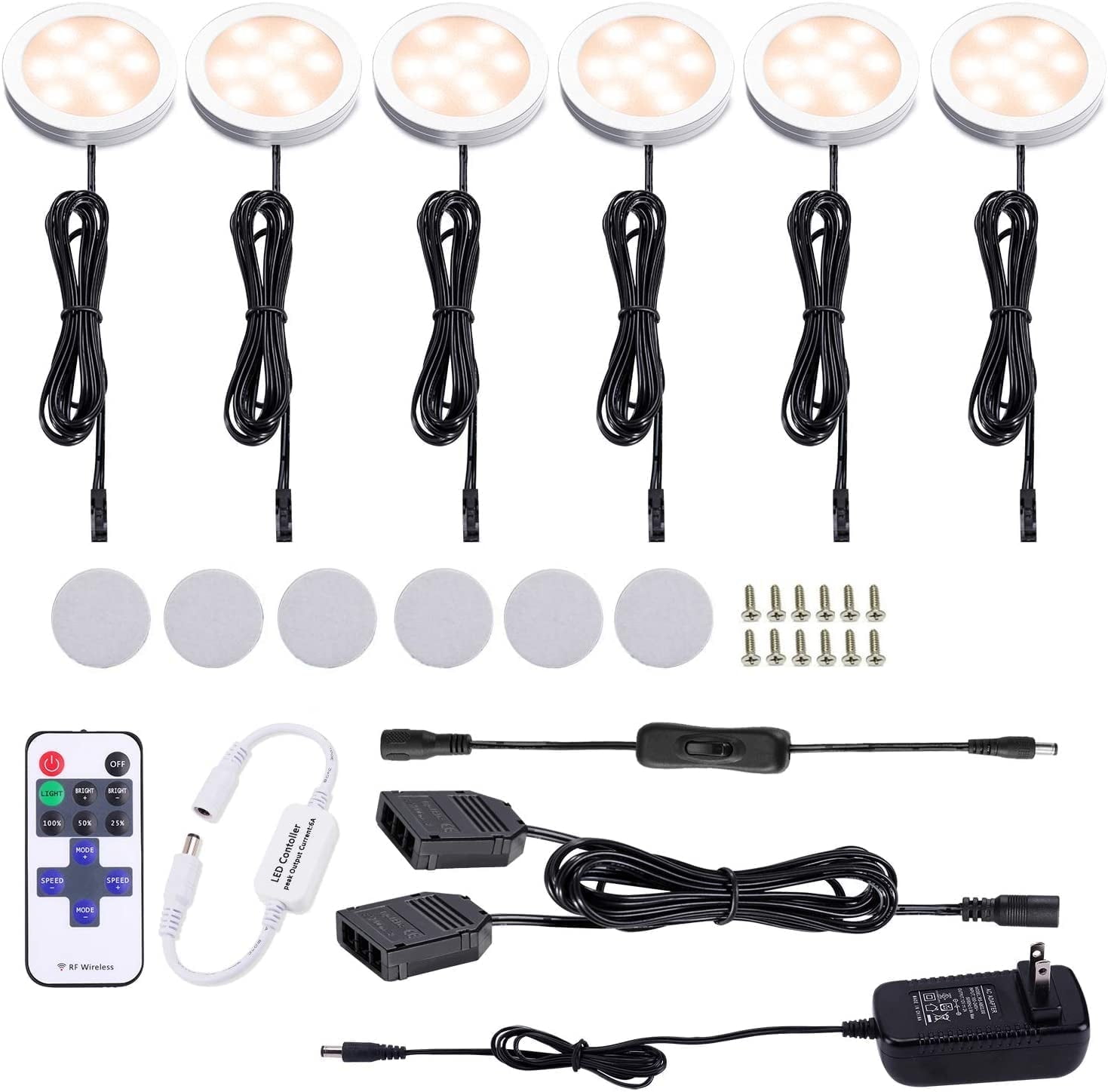 Black Cord Aluminum Puck Lights Kit for Under Cabinet Lighting - 6 Pack of Wireless Dimmable 12W LED Lights with RF Remote Control - 2700K Warm White for Kitchen Counter and Closet