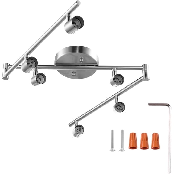 6-Light Adjustable Dimmable Track Lighting Kit with Flexible Foldable Arms - Satin Nickel Fixture for Kitchen, Hallway, and Bedroom (GU10 Base Bulbs Not Included)
