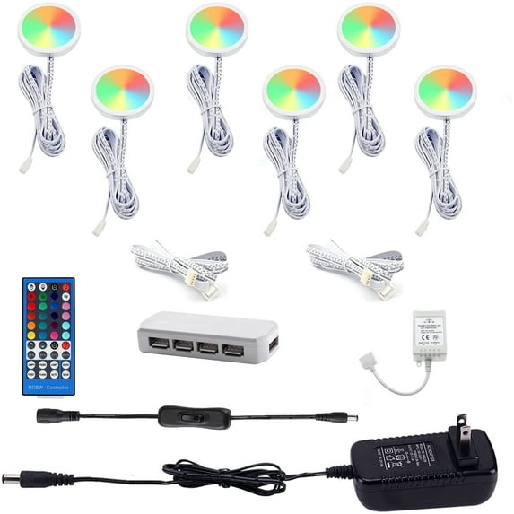 Color Changing LED Under Cabinet Lighting Kit with IR Control - Multi-Color Puck Lights for Kitchen Shelf and Counter Lighting, 6 Lights, 18W RGBWW (RGB + Warm White)