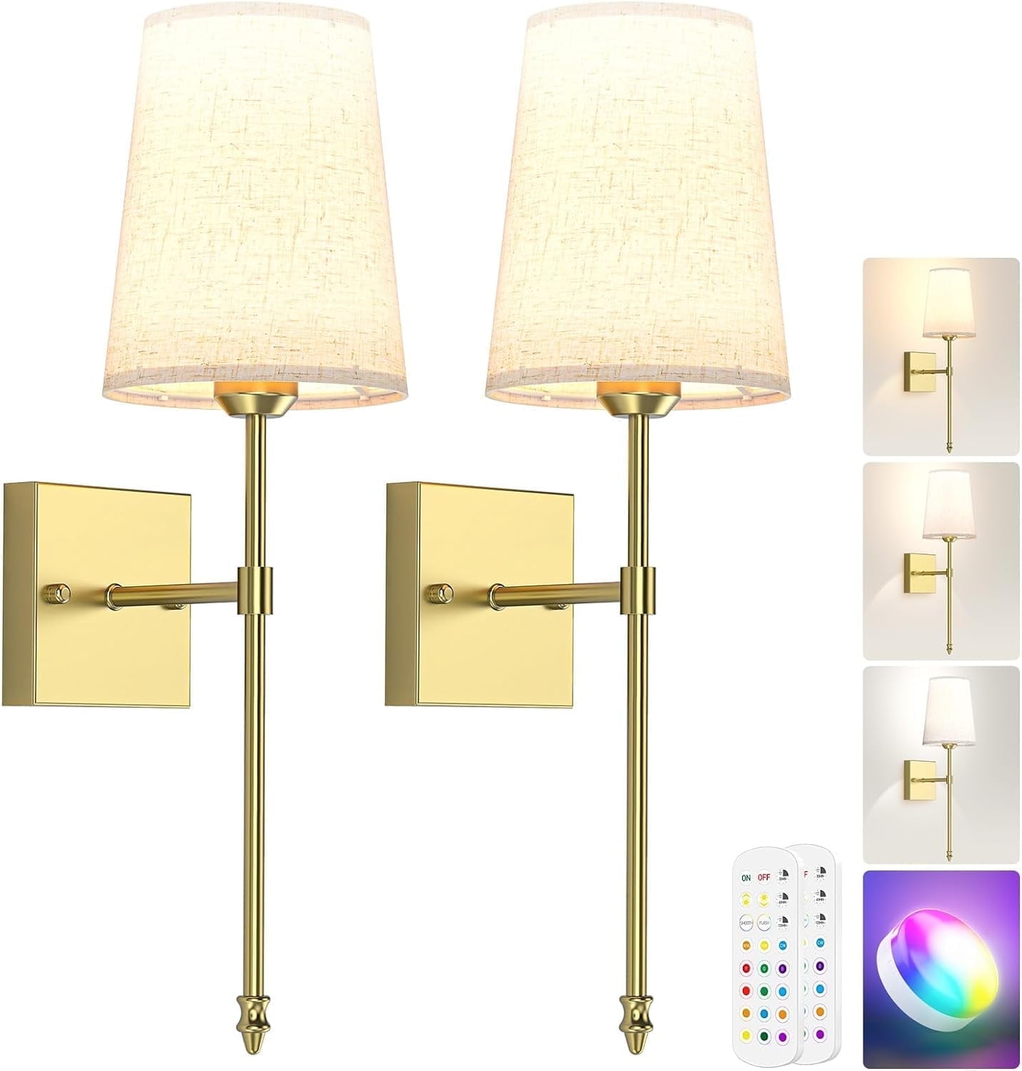 Gold Rechargeable Battery Operated Wall Sconce Set of 2 – Dimmable RGB Wireless Indoor Lamps with Remote Control, 5000mAh, 15 Color Options for Bedroom and Living Room Decor