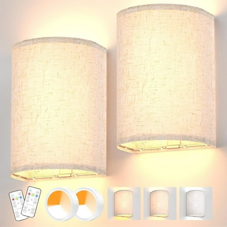 Laboreducer Battery Operated Wall Sconces Set of Two, 3 Colors Rechargeable Battery Powered Wall Lights with Remote Control Dimmable Fabric Wall Lamp for Bedroom Living Room