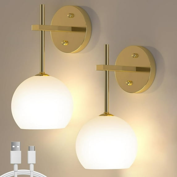 Gold Battery Rechargeable Wall Lights Set of 2, Sconces Wall Lamps with Frosted Glass, Wireless LED Color Changing Wall Mounted Lighting, Wall Lamp for Bedroom, Living Room, Staircase