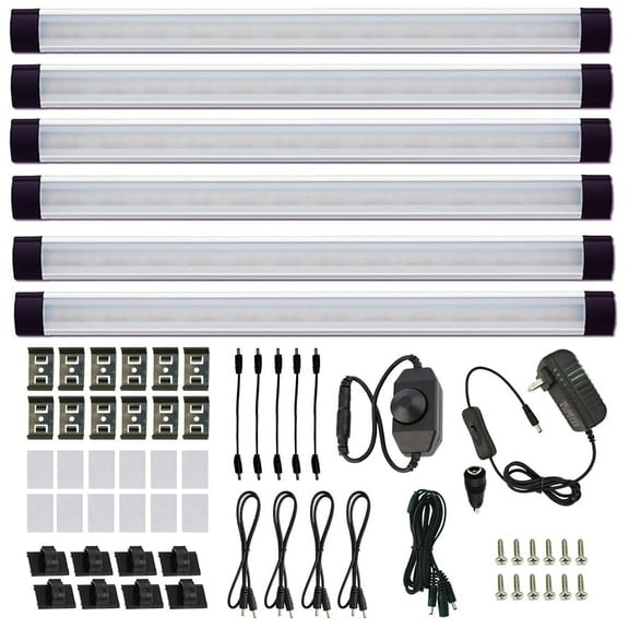 LED Under Counter Light Kit - Plug-in Rigid Bar Lighting with Dimmable Switch for Cabinets, Shelves, and Displays - Warm White (6 Panels)