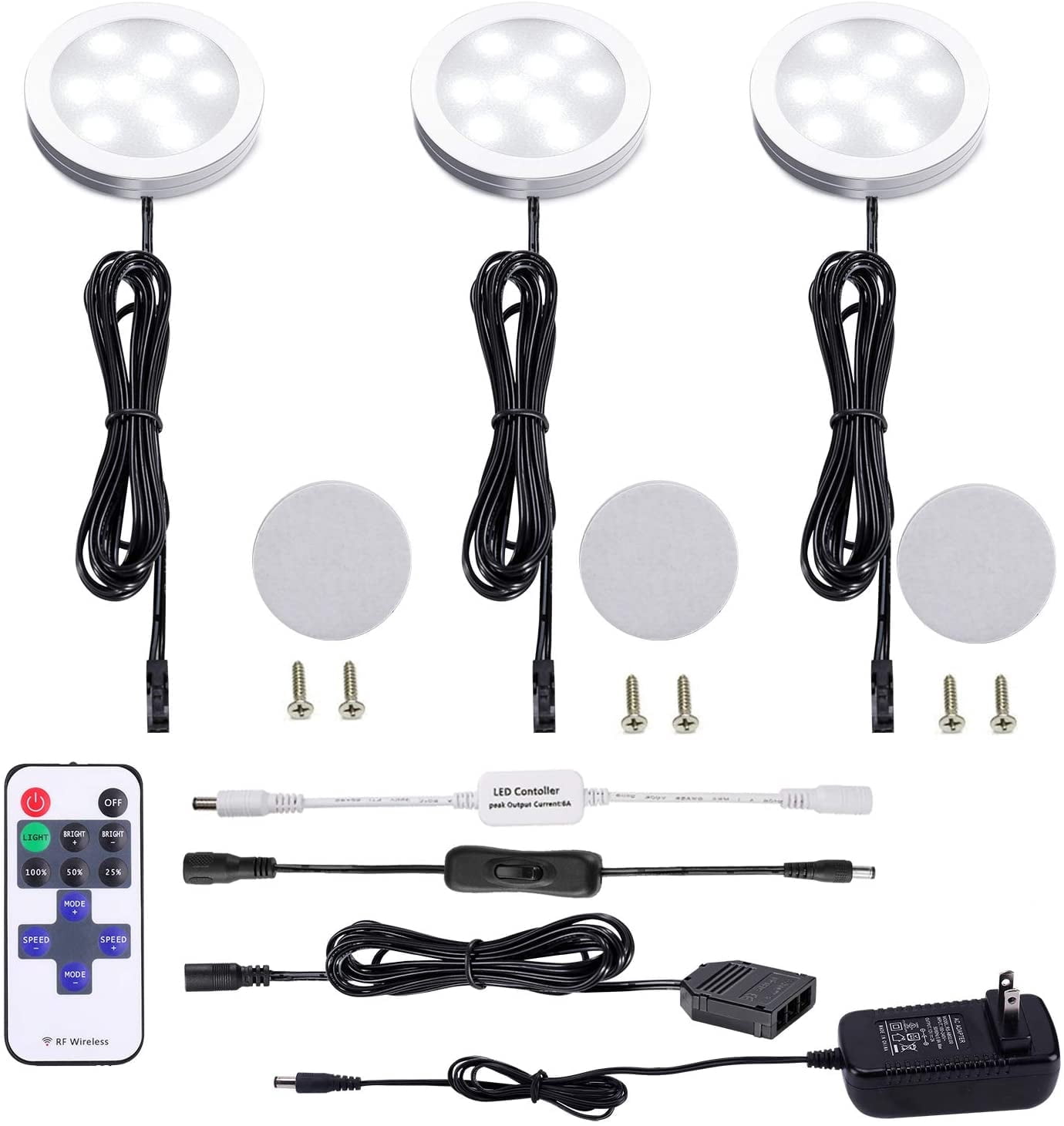 LED Under Cabinet Puck Lights 3 Lamps With RF Remote Control For Home Kitchen Counter Lighting (Daylight White)