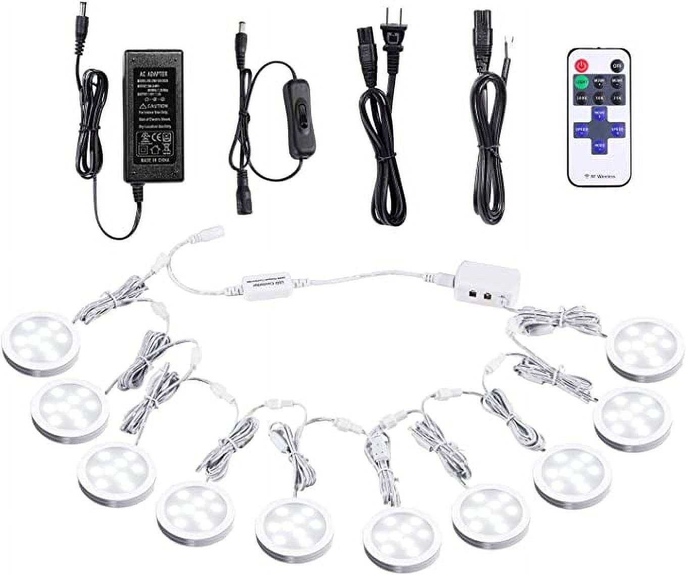 Linkable Dimmable Under Cabinet LED Puck Lights - 12V with Wireless RF Remote Control, Hardwired & Plug-in Options, Daylight White (10 Lights)