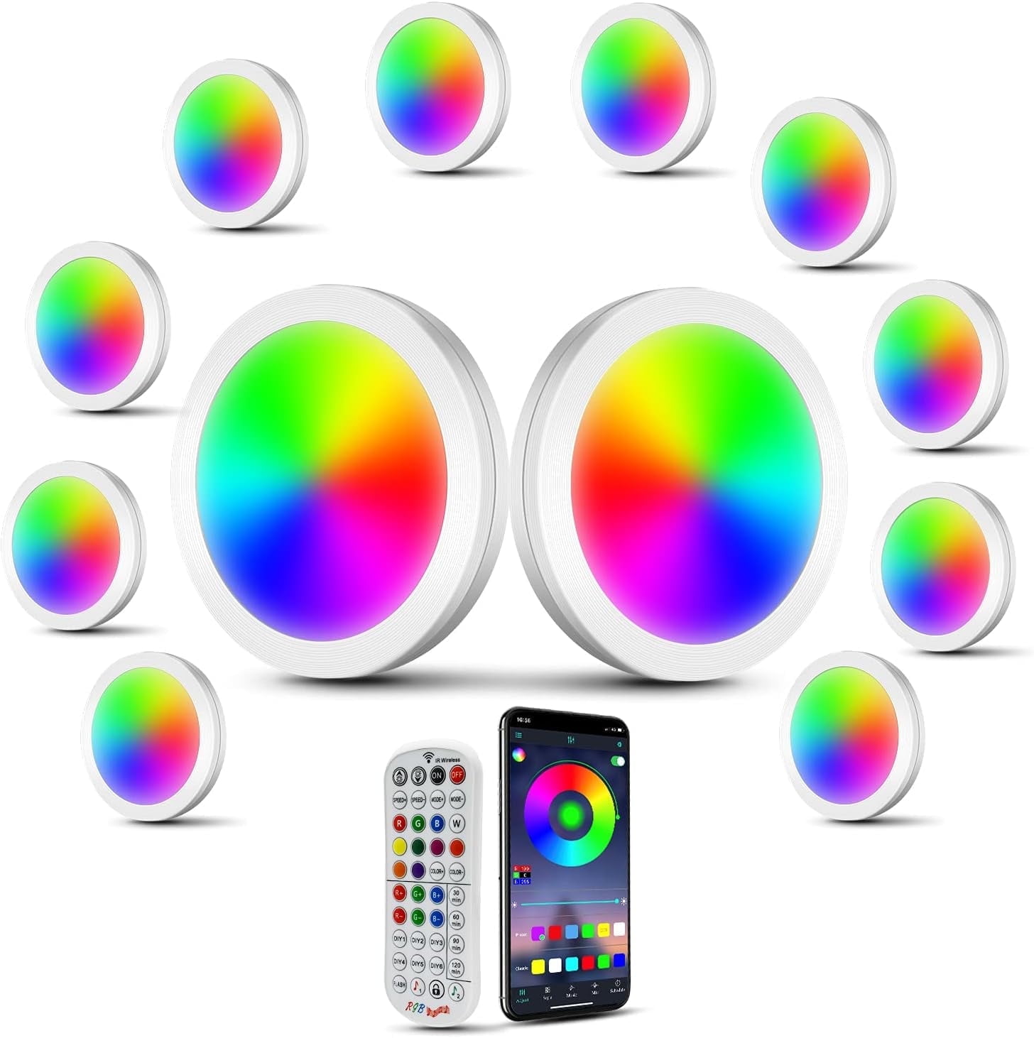 Laboreducer RGB Puck Lights with Remote, 16 Dimmable Colors Under Cabinet Lighting Kit with App-Controlled，12PCS