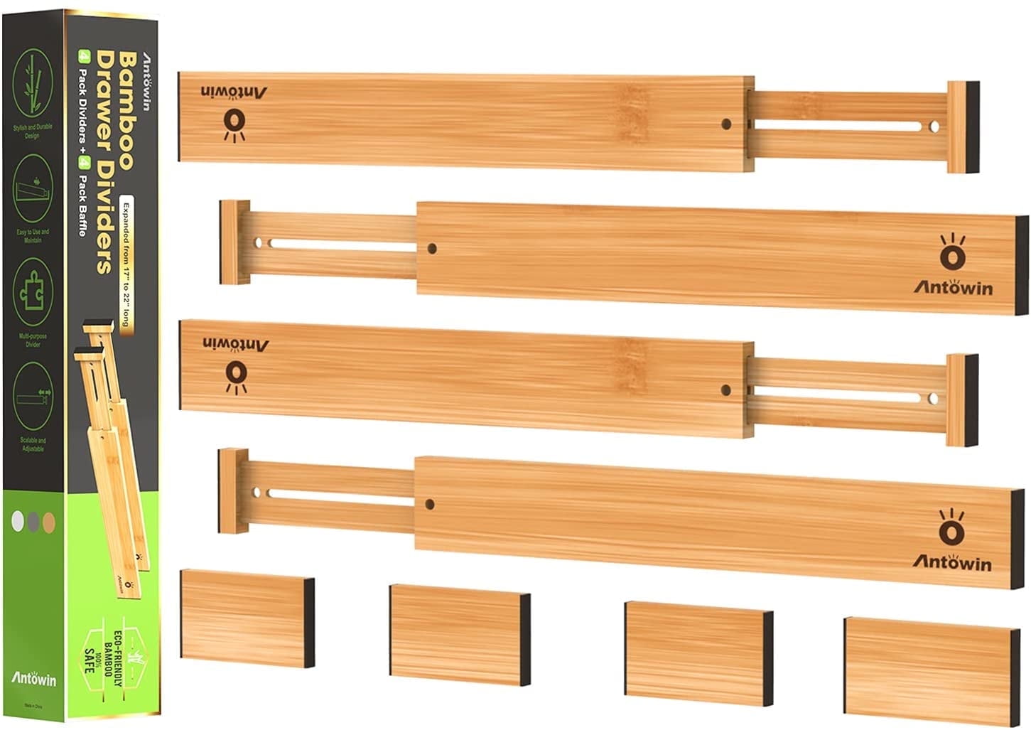 ANTOWIN Expandable Bamboo Drawer Dividers Organizers, Drawer Separators Splitter, 17-22 inches Long Adjustable Spring-loaded Organizer for Large Utensil, Clothes, Tools Drawers