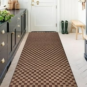ANTPOP Area Rugs Outdoor Runner Rug Indoor Carpet Runners Non Slips Utility with Rubber Backing for Kitchen Hallway Entryway Garage Checkred Brown 3ft x 7ft