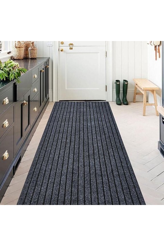 Outdoor Runner Rug with Rubber Backing, Gray Striped Indoor Carpet for Kitchen, Hallway, Entryway, Garage, 2 ft x 6 ft