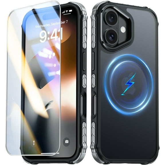 ANTSHARE Magnetic Case For iPhone 16, [1*9H Screen Protector] [Anti-Fingerprint], Translucent Matte Back Slim Shockproof Case For iPhone 16 6.1 inches - Black