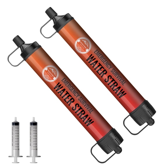 2 PACK Portable Water Filter Straw Mini Water Purifier Survival Gear for Emergencies, Hiking, Camping, Disaster Preparation-Orange