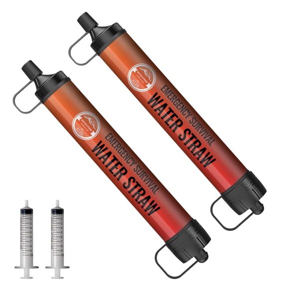 2 PACK Portable Water Filter Straw Mini Water Purifier Survival Gear for Emergencies, Hiking, Camping, Disaster Preparation-Orange