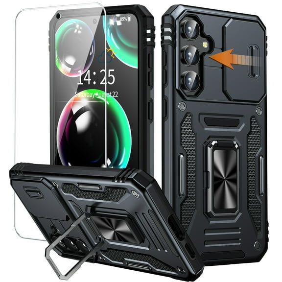 ANTSHARE for Samsung Galaxy S23 FE Case,[1* Tempered Glass Screen Protector & Slide Camera Protector] Built-in Rotatable Kickstand Ring Shockproof Phone Case for Galaxy S23 FE 5G 2023 - Black