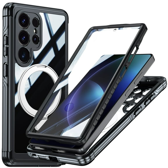 ANTSHARE For Samsung Galaxy S25 Ultra Case, Built-in HD Screen Protector & Rotatable Kickstand Ring, Full Body Protective Shockproof Cover For Samsung Galaxy S25 Ultra-Black