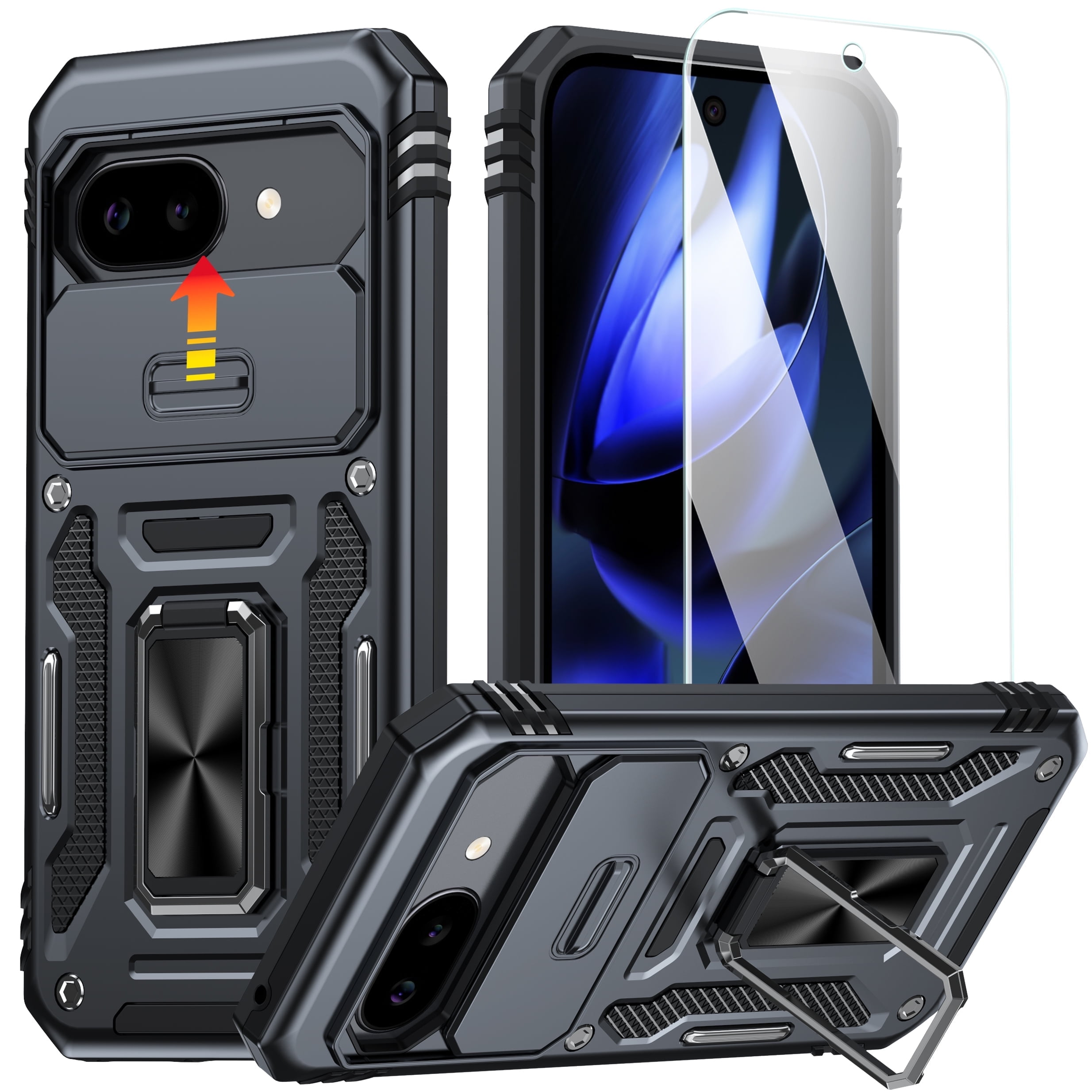 ANTSHARE for Google Pixel 9A, Slide Camera Cover & Screen Protector & 360Rotatable Ring Kickstand Military Grade Heavy Duty Protection Case for Google Pixel 9A 2025 5G - Black