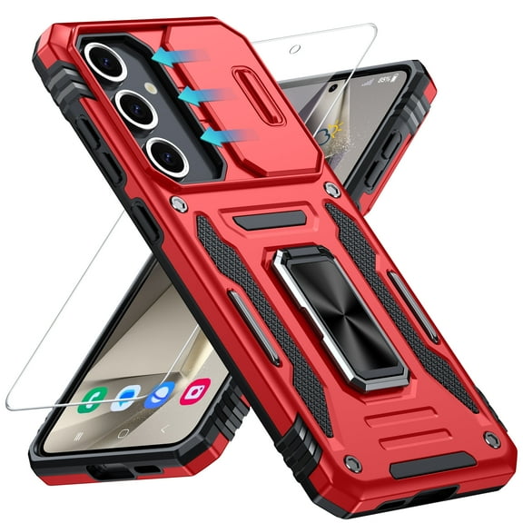 ANTSHARE for Samsung Galaxy S24FE Case with Rotatable Ring Kickstand & 9H ScreenProtector-Red