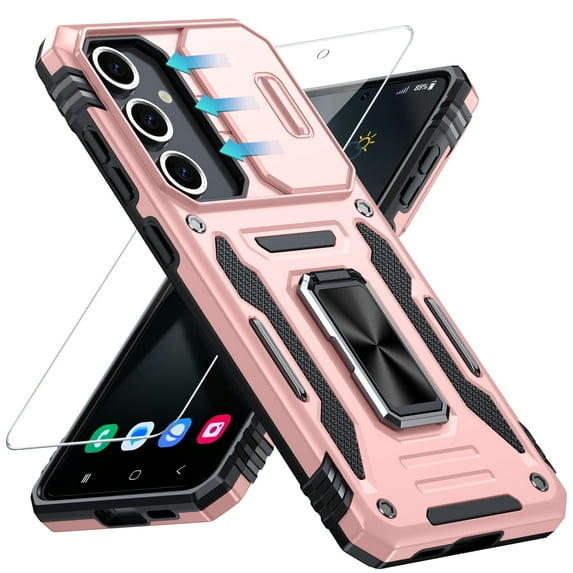 ANTSHARE for Samsung Galaxy S24FE Case with Rotatable Ring Kickstand & 9H ScreenProtector-Rose Gold
