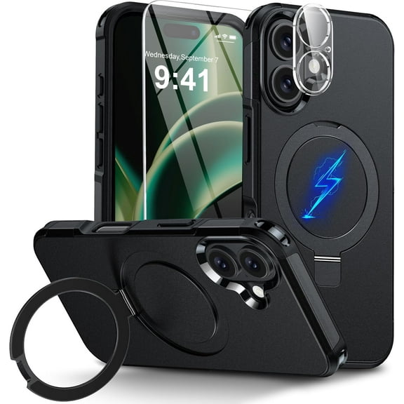 ANTSHARE for iPhone 16 Case, Built In Foldable Invisible Stand, [Tempered Glass Screen Protector & HD Camera Lens Protector] for iPhone 16-Black