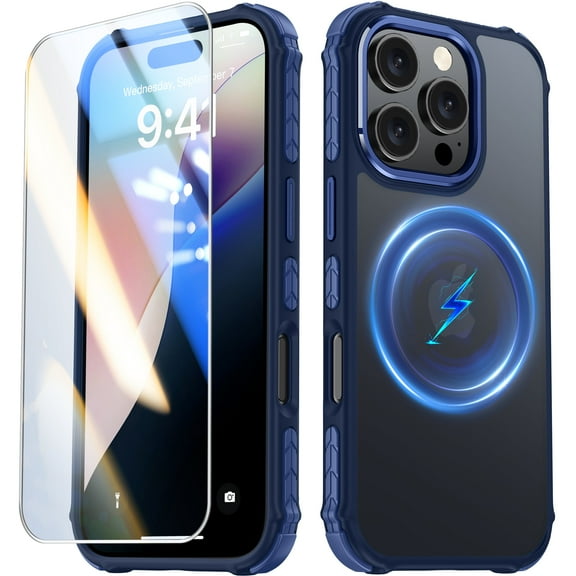 ANTSHARE Magnetic Case For iPhone 16 Pro, [1*9H Screen Protector] [Anti-Fingerprint], Translucent Matte Back Slim Shockproof Case For iPhone 16 Pro 6.3 inches - Blue