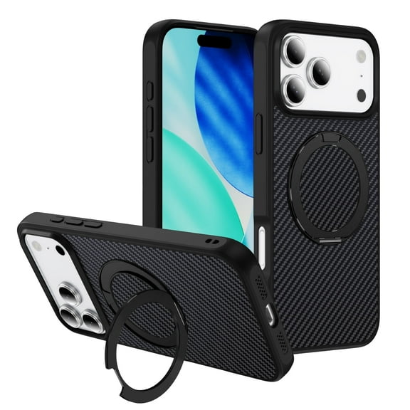 ANTSHARE Magnetic Ring Stand for iPhone 17 Pro Max Case, Carbon Fiber Texture-Slim Drop Protection Phone Case 6.9" Black