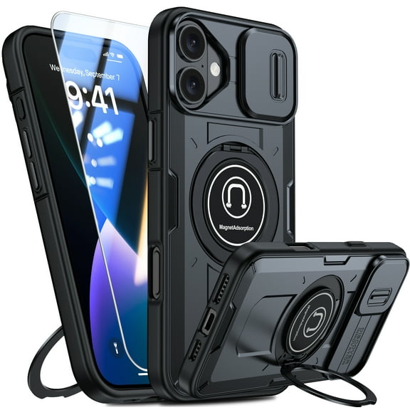ANTSHARE For iPhone 16 Plus Case,[Built-in Slide Camera Cover & Rotatable Kickstand][1* Screen Protector] Military Grade Shockproof Anti-Scratch iPhone 16 Plus Case - Black