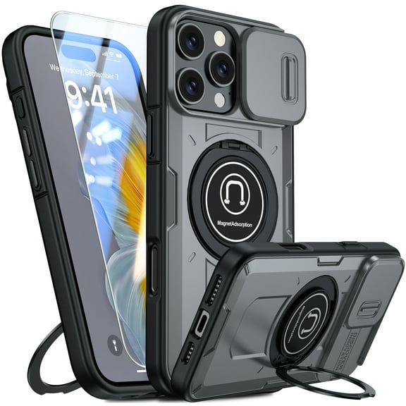 ANTSHARE for iPhone 16 Pro Max Case, Built In Slide Camera Cover & Rotatable Kickstand Ring [1 * Screen Protector] Military Heavy Duty ShockProof Protective Case for iPhone 16 Pro Max 6.9 Inch-Grey