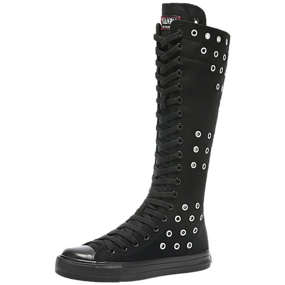 ANUFER Girls Womens Fashion Knee High Lace-Up Canvas Boots Pure Black Zip Dance Boots Eyelets SN813 US6.5