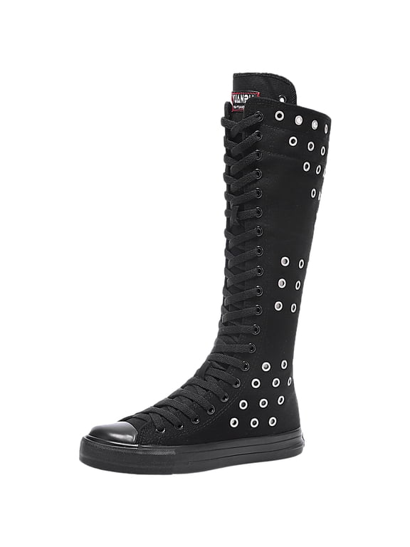 Girls Womens Fashion Knee High Lace-Up Canvas Boots Pure Black Zip Dance Boots Eyelets SN813 US7.5