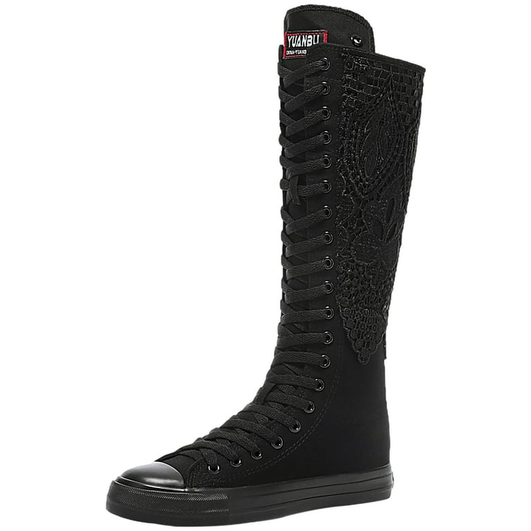 ANUFER Girls Womens Fashion Knee High Lace Up Canvas Boots Pure Black Zip Dance Boots Lace SN815 US8.5 Walmart
