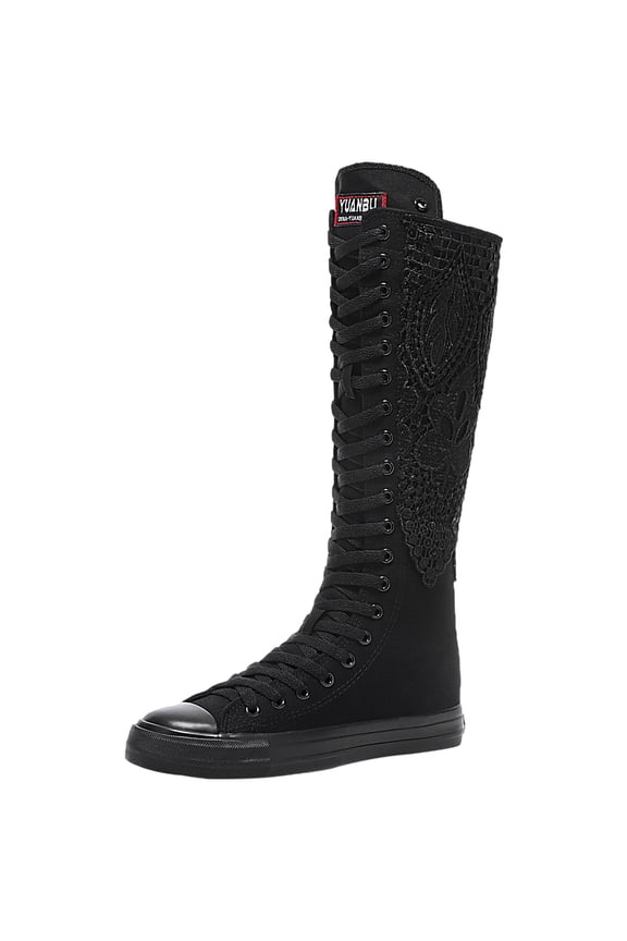 Girls Womens Fashion Knee High Lace-Up Canvas Boots Pure Black Zip Dance Boots Lace SN815 US8