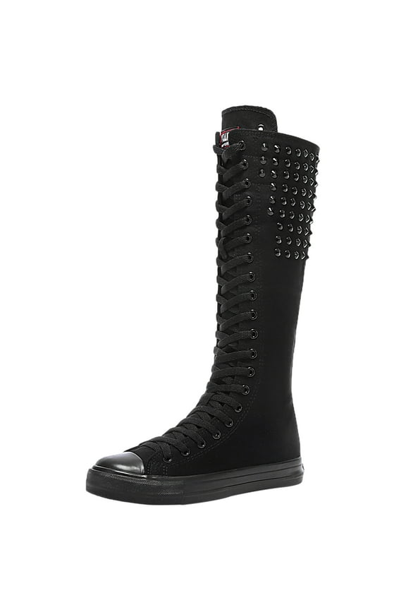 Girls Womens Fashion Knee High Lace-Up Canvas Boots Pure Black Zip Dance Boots Rivets SN816 US9